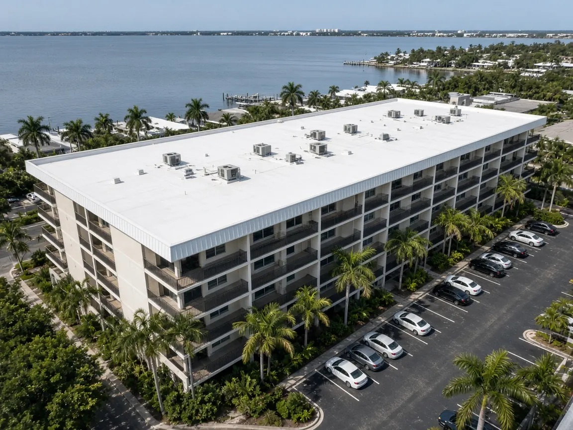 White membrane roof on a mid-rise condo building